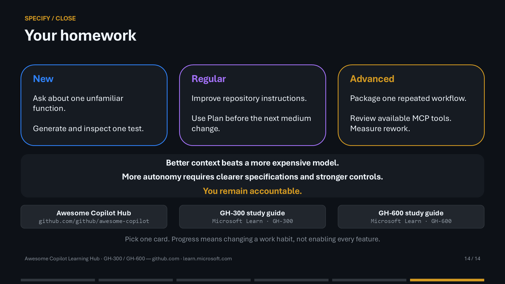 Closing slide with practical GitHub Copilot homework for new, regular, and advanced users.